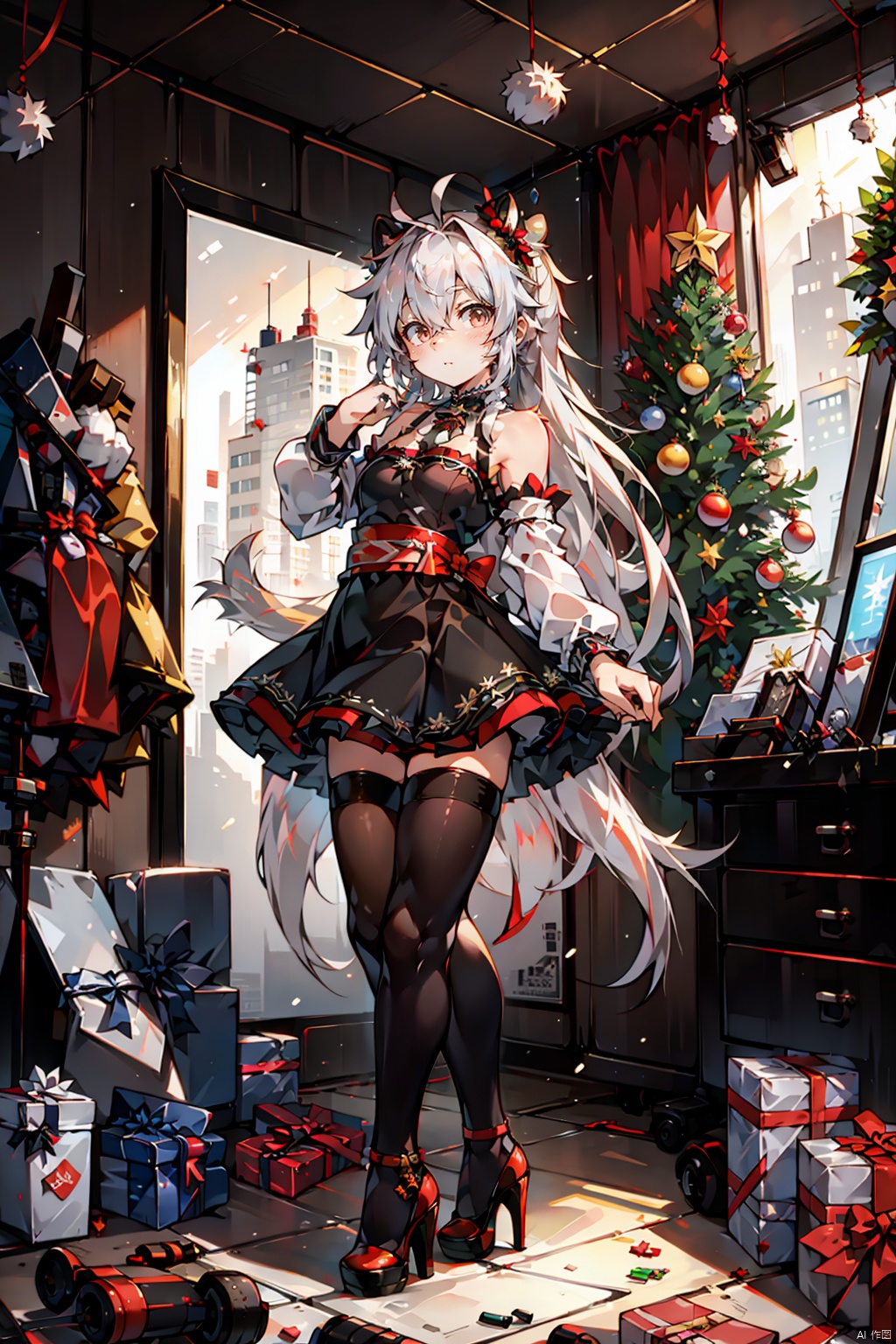  Masterpiece-level best_quality, concept artwork, a lonely solo girl, ,fashion,(mini skirt:1),Super long legs,, standing, realistic, Professional studio,highheels,trend,pantyhose, christmas, sssr, shota