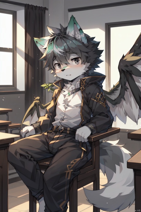  Furry,Cute wolf,young ,child,shota ,gray and black fur,black eyes,sit on the chair,alone,in the classroom., (\shen ming shao nv\),wings