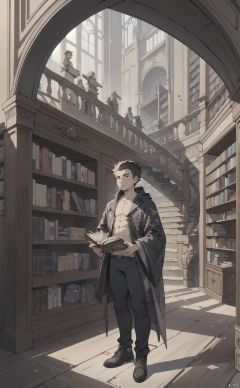 arafed image of a man standing in a library with books, endless books, borne space library artwork, books cave, fantasy book illustration, spiral shelves full of books, infinite celestial library, an eternal library, gothic epic library concept, magic library, japanese sci - fi books art, beeple and jean giraud, books all over the place