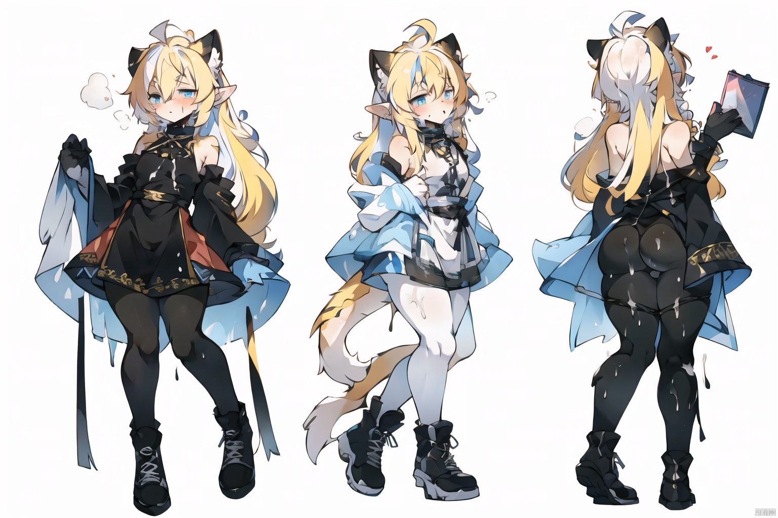 pretty,sketch style,watercolor,colorful,((multicolored hair, messy hair, bangs, ahoge, sidelocks, payot, hair strand)),(pointy ears, elf),((pantyhose, black pantyhose, dress)),(slit pupils, glowing eyes, light blue eyes),((Exhale, long hair, Light yellow hair))

black collar, boots, untied shoelaces, baggy clothes,
lazy, confused, confused, confused, disheveled, showing shoulders, showing thighs, disheveled hair,
the monastery, the ornate decor,
, SpiderApple, shota,clothesviews, Different clothes, Dress-up display, multiple views, looking_at_viewer,full body, back ,white background, simple background,