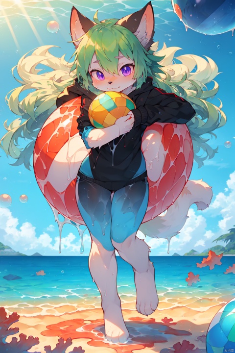  1 Girl, long green hair, purple eyes, curled up inside the ocean ball, full body, quiet, under the sea, bubbles, coral, perspective, depth of field, masterpiece, master work, fantastic, dreamlike,liquid clothes,furry