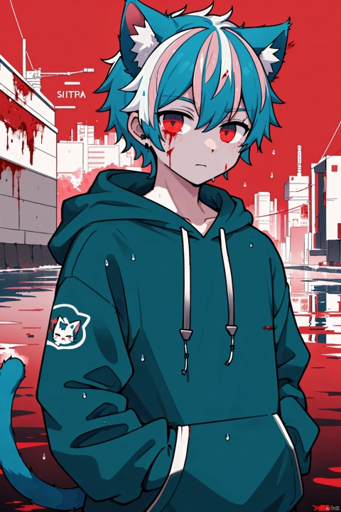 character name,1boy,solo,
Shadow face, blackened face,cyberpunk theme,e style thriller,
(Blue Hoodie:1.2),(whiter hair:1.5),(cat's ear:1.2),expressionless,
(masterpiece:1.1), (best quality:1.2), highres, original, extremely detailed wallpaper, official art, shota,rain,water,blood like river, heibai, red background