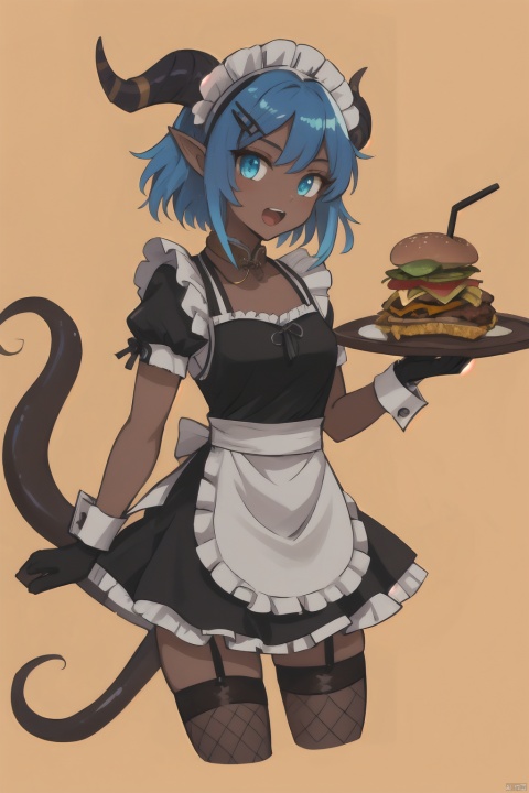  1girl, solo, looking at viewer, short hair, open mouth, blue eyes, simple background, hair ornament, thighhighs, gloves, dress, holding, blue hair, tail, white hair, short sleeves, multicolored hair, frills, food, horns, pointy ears, black gloves, hairclip, puffy sleeves, dark skin, apron, collar, two-tone hair, dark-skinned female, cup, puffy short sleeves, wrist cuffs, maid, maid headdress, colored skin, garter straps, monster girl, single thighhigh, fishnets, yellow background, tentacles, cropped legs, tray, oni horns, drinking straw, colored inner hair, holding tray, fishnet thighhighs, burger, french fries, jijianchahua, (\yan yu\), jiqing, (\shen ming shao nv\)