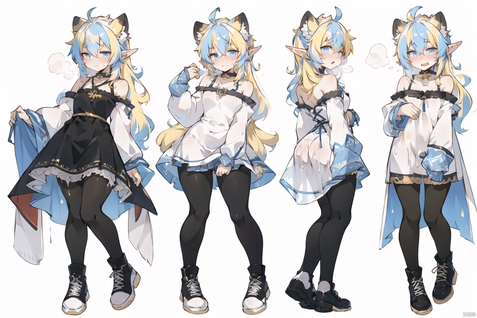 pretty,sketch style,watercolor,colorful,((multicolored hair, messy hair, bangs, ahoge, sidelocks, payot, hair strand)),(pointy ears, elf),((pantyhose, black pantyhose, dress)),(slit pupils, glowing eyes, light blue eyes),((Exhale, long hair, Light yellow hair))

black collar, boots, untied shoelaces, baggy clothes,
lazy, confused, confused, confused, disheveled, showing shoulders, showing thighs, disheveled hair,
the monastery, the ornate decor,
, SpiderApple, shota,clothesviews, Different clothes, Dress-up display, multiple views, looking_at_viewer,full body, back ,white background, simple background,