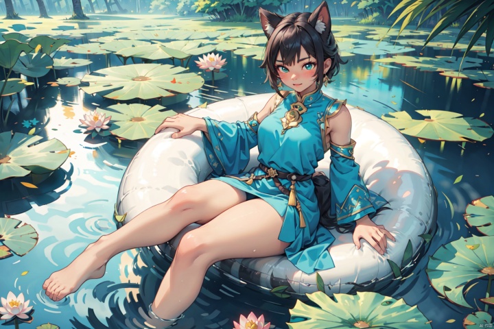  Clear face, masterpiece, ultra-detailed, epic composition, high quality, highest quality, 4k, a beautiful girl, turquoise dress, sitting on a large lotus leaf, lotus, sunlight