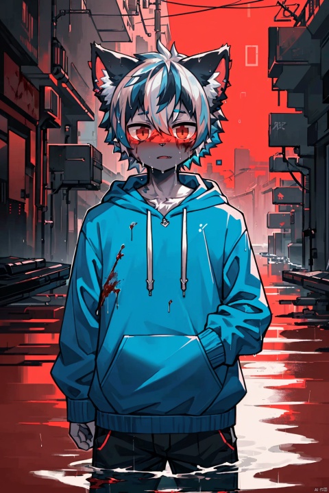 character name,1boy,solo,
Shadow face, blackened face,cyberpunk theme,e style thriller,
(Blue Hoodie:1.2),(whiter hair:1.5),(cat's ear:1.2),expressionless,
(masterpiece:1.1), (best quality:1.2), highres, original, extremely detailed wallpaper, official art, shota,rain,water,blood like river, heibai, red background, furry