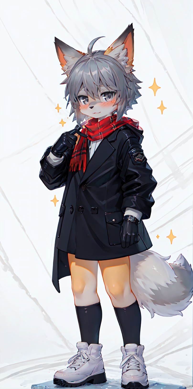  1girl, solo, looking at viewer, blush, short hair, simple background, gloves, white background, animal ears, jacket, tail, full body, grey hair, black gloves, scarf, coat, grey eyes, fox ears, sparkle, fox tail, white footwear, shota, furry, killer