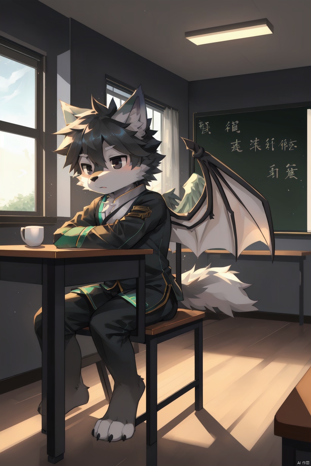  Furry,Cute wolf,young ,child,shota ,gray and black fur,black eyes,sit on the chair,alone,in the classroom., (\shen ming shao nv\),wings, furry