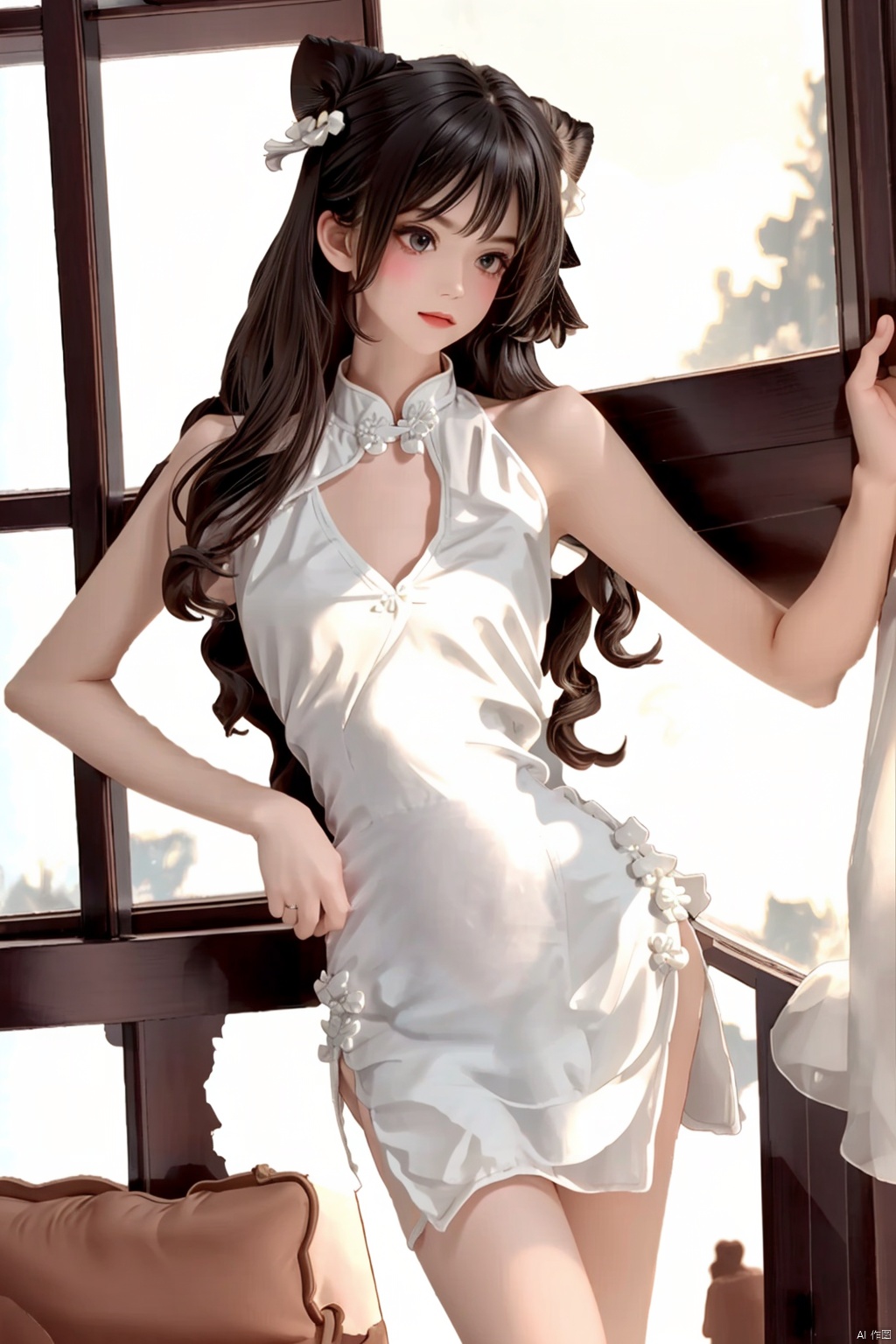  1girl, standing,indoors,window,vivid,colorful, upper body,thighhigh,white dress, looking_at_viewer, hands on hip, zhonghuaniang, qipao