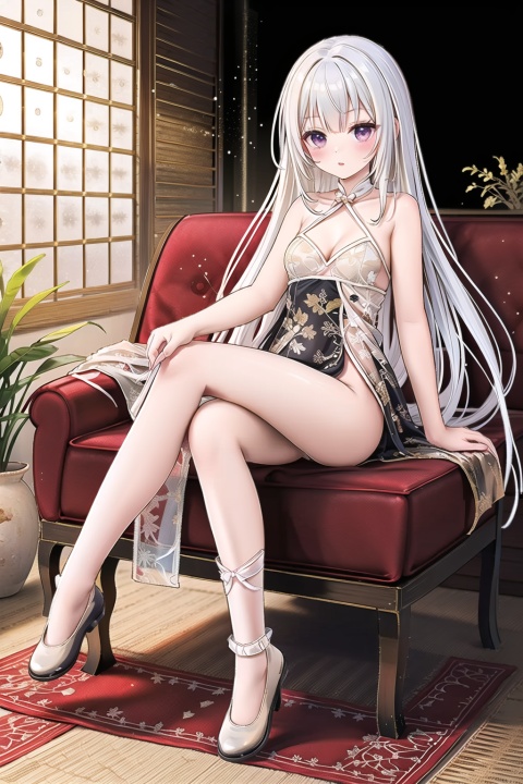  Bare shoulders, pale skin, white hair, purple eyes, collarbone, pleated skirt, ankle boots, retro style,lace up socks, qingsha,indoors, scatter rocks, Hanama wine, qipao, gilding\\(style\\), keqing (genshin impact)