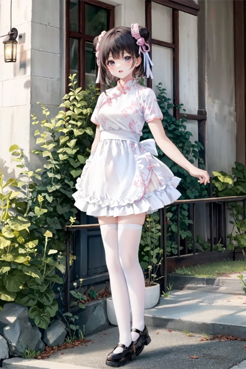  1girl, zhonghuaniang, pink dress, standing,outdoors, full body,white thighhigh