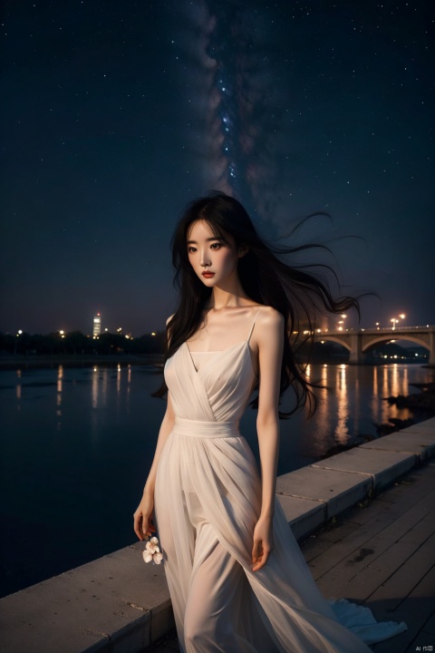  1girl, pale skin,black hair,long_hair,collarbone,outdoors,standing,qipao,big_breasts, stars,bridge,river,full_body, night,sky, vivid,colorful, liuyifei, tutututu