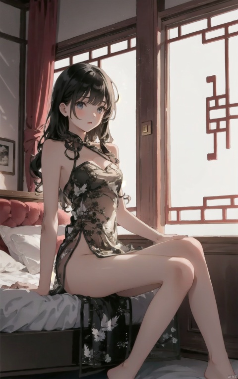  1girl,full body,sitting,vivid,colorful,,indoors,bedroom,bed, qipao