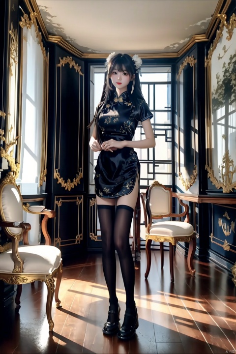  1girl, zhonghuaniang, black dress, standing,indoors, full body,thighhigh, ((rococo)), window,chair,painting_(medium)