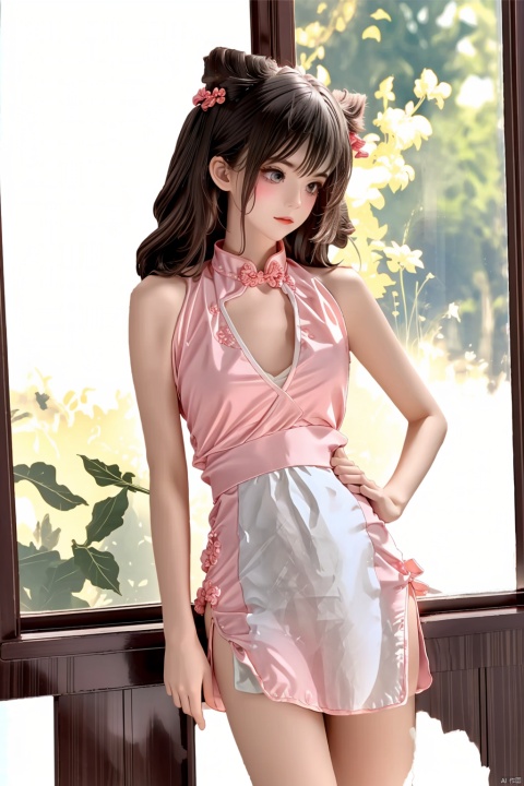  1girl, standing,indoors,window,vivid,colorful, upper body,thighhigh, looking_at_viewer, hands on hip, zhonghuaniang, qipao