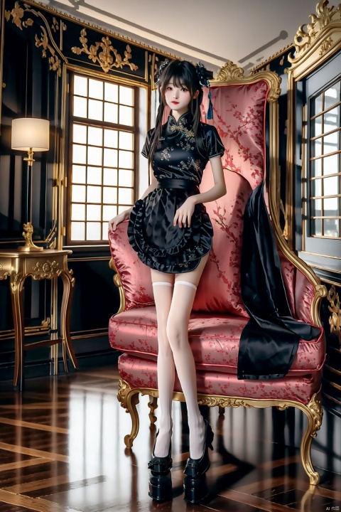  1girl, zhonghuaniang, black dress, sitting,indoors, full body,thighhigh, ((rococo)), window,chair,painting_(medium)