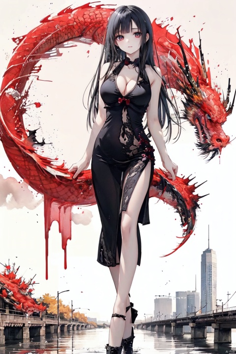  1girl, pale skin,black hair,long_hair,collarbone,outdoors,standing,qipao,big_breasts, bridge,river,full_body, dragon