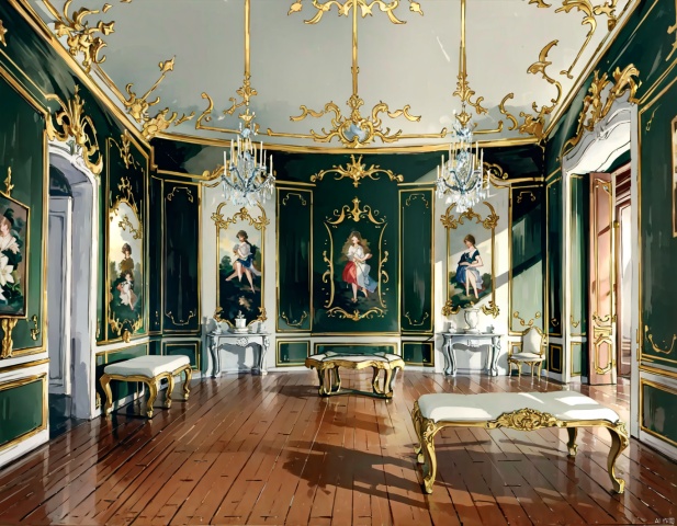  rococo, no humans, window, chair, table, curtains,painting \(medium\)