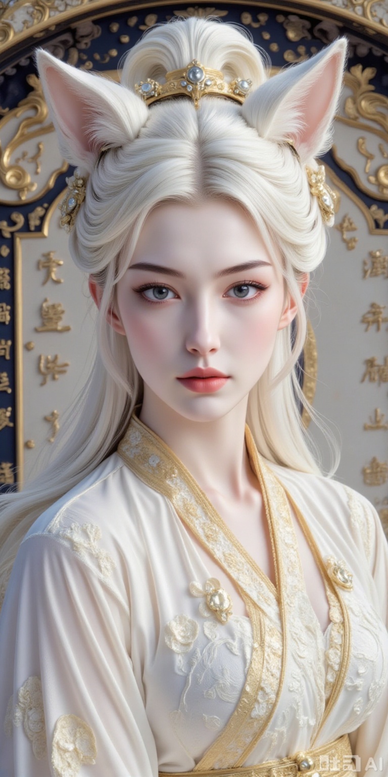 A majestic shot of a white siren, adorned in traditional Chinese attire, posing elegantly against a mystical Eastern backdrop. The camera captures her from a direct angle, emphasizing the grandeur of her presence. A subtle breeze whispers through her hair, tied with a flowing ribbon that dances with the wind. Her eyes sparkle with an otherworldly energy, framed by fox-like ears and a regal demeanor. The space is bathed in a soft, ethereal glow, as ancient symbols emanate from the mysterious characters inscribed on the background. The overall atmosphere is one of refinement, nobility, and wonder, set against a stunning high-resolution canvas.,yanzhi