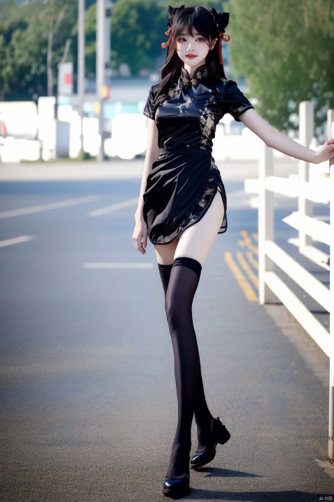  1girl, zhonghuaniang, black dress, standing,outdoors, full body,thighhigh