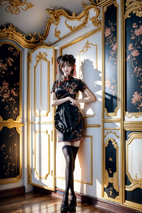  1girl, zhonghuaniang, black dress, standing,indoors, full body,thighhigh, ((rococo)), window,chair,painting_(medium)