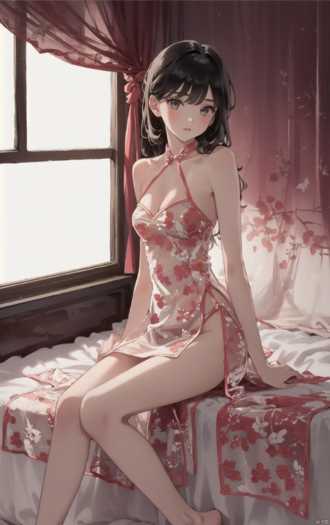 1girl,full body,sitting,vivid,colorful,,indoors,bedroom,bed, qipao