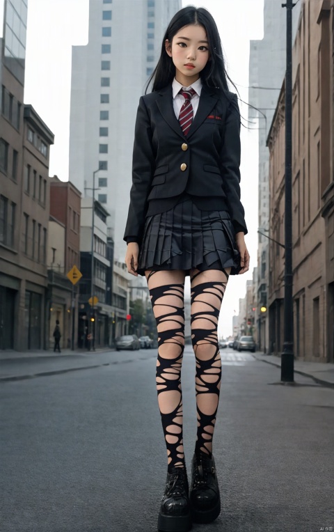  1girl,full body,standing,school_uniform,mini_skirt,vivid,colorful, ((ripped)),outdoors,city,street,