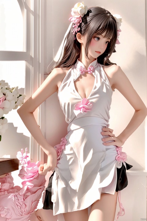  1girl, standing,kitchen,window,vivid,colorful, upper body,thighhigh,white dress, looking_at_viewer, (hands on hip), zhonghuaniang, qipao,pink flowers