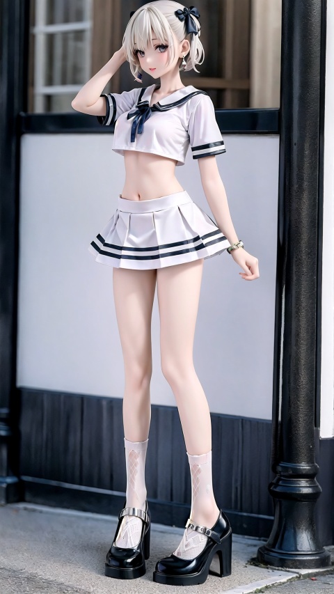  1girl,((full body)), (long legs), earrings,standing,high heels,,city,street, hair stick,vivid,colorful, bare belly,minisailor, bowknot socks,white