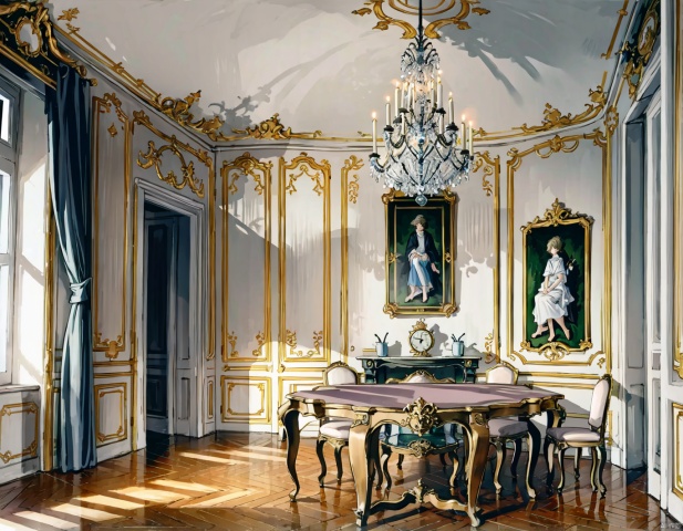  rococo, no humans, window, chair, table, curtains,painting \(medium\)