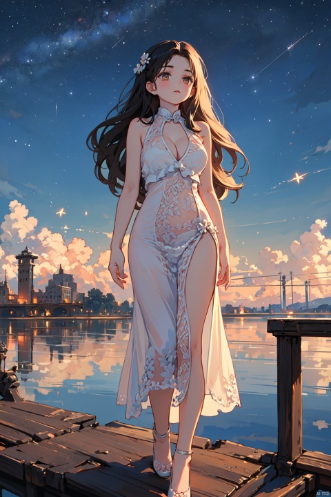  1girl, pale skin,black hair,long_hair,collarbone,outdoors,standing,qipao,big_breasts, stars,bridge,river,full_body, (\shen ming shao nv\)