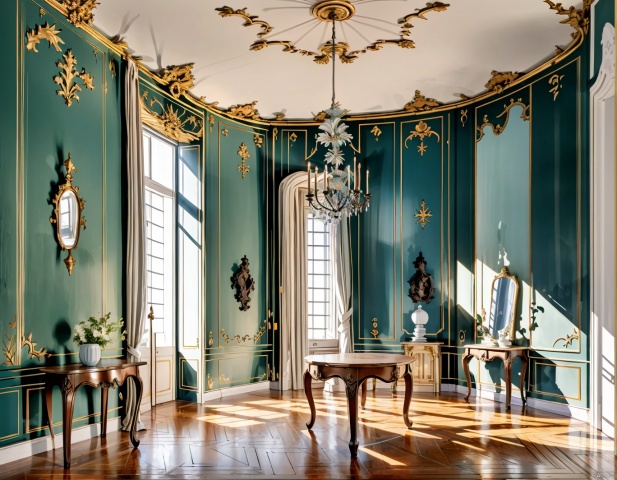  rococo, no humans, window, chair, table, curtains,painting \(medium\)