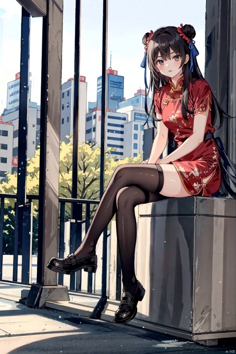  1girl, zhonghuaniang, red dress, sitting,crouch, outdoors, city, park, full body,thighhigh