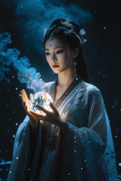 Chinese fantasy,Eastern mythology,((full body:1.3)),((floating)),((in air)),shrouded in a lattice like cloud layer above the screen,(these thick dark clouds condense into crystals),(there is a gap in the center of the cloud layer, from which many black smoke flows out),a dazzling sky,(a 20-year-old woman wearing a white long sleeved ancient costume suspended in the air:1.2),((she holds a crystal stone emitting colorful light with both hands:1.5)),the Tindar effect,chaos,sacred light,
ray tracing,shadows,ultra sharp,metal,((cold colors)),Epic CG masterpiece,(3D rendering),facing camera,ultra high resolution,(masterpiece),(best quality),(super detailed),(extremely delicate and beautiful),cinematic light,detailed environment,(real),(ultra realistic details:1.5),glass-like sparkling eyes are blurry and dreamy,(muscle tone and definition),(finely detailed features),stunning colors,cinematic lighting effects,super wide Angle,light particles,light particle art,glowing,dynamic poses,surreal,futurism,concept art,exquisite facial features,super delicate face,designed by greg manchess,smoke,a model woman,bright eyes,glossy lips,trending on art station,photoreal,8 k,octane render by greg rutkowski,art by Carne Griffiths and Wadim Kashin,in the style of Dau-al-Set,Pollock,and inspired by MAPPA and Zdzislaw Beksinski,