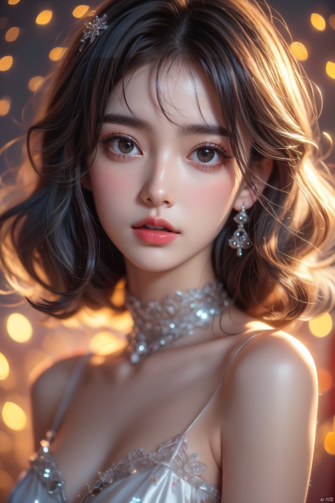  (best quality:1.4), (masterpiece:1.4), ultra-high resolution, 8K, CG, exquisite, upper body, lonely, Thumbelina, little princess, blue taffeta court dress, snowflake background, detailed facial features, silver-gray hair, almond-shaped eyes, intricate eye makeup, long eyelashes, gray eyes and starry gaze, intricate lip details, soft and harmonious style