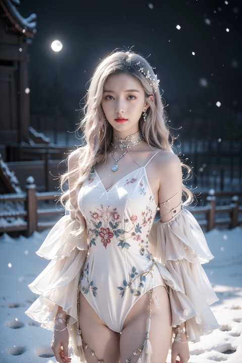  (Best Quality), (Masterpiece), a very exquisite and beautiful girl, very detailed, amazing, with exquisite details, official art, super detailed, high-level, beautiful details girl, with a radiant face, without humans,flower in background,winter,snow,mechanical,MIX4,snow,behisheroine,baihuaniang,moon light,night,Mecha, Light white hair,phoenix in the sky,chinese clothes+leotard,flower,snowing day,fighting_stance,choker,chinese style architecture,