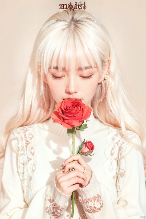 1girl, solo, long hair, blush, bangs, simple background, long sleeves, holding, closed eyes, white shirt, upper body, flower, white hair, parted lips, artist name, sweater, english text, rose, red flower, red rose, holding flower, white sweater
