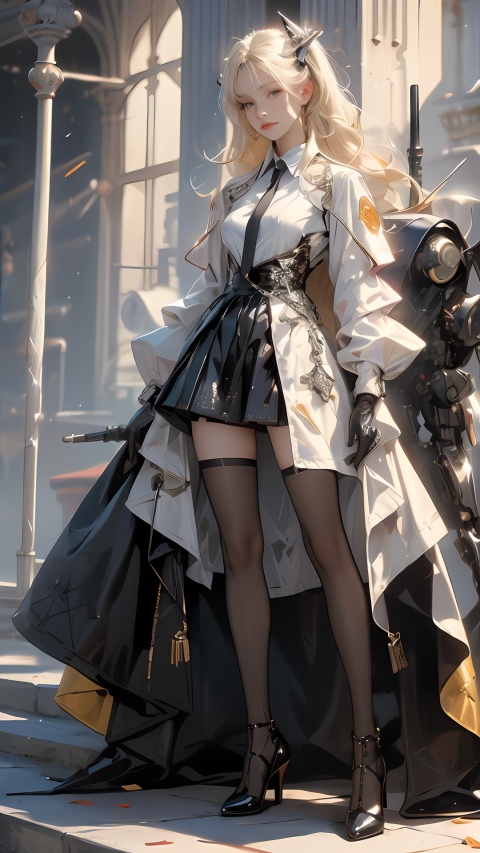 best quality, masterpiece, (photorealistic:1.4), 1girl, 1girl,bangs,intricate black_footwear,intricate black_legwear,blonde_hair,intricate mecha boots,breasts,cross-laced_footwear,dress,gloves,,hair_ornament,high_heel_boots,jewelry,long_hair,long sleeves,looking at viewer,medium breasts,necktie,,shirt,skirt,smile,solo,thighhighs,twintails,white shirt,yellow eyes,, science fiction,mecha,curious++, cyborg+,,Electronic instruments,spaceship,,Mecha,