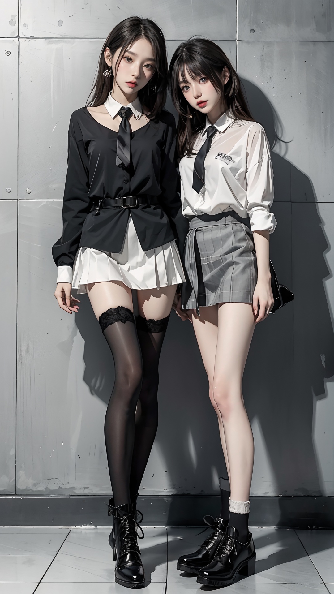 full body,long_hair, skirt, black_legwear, thighhighs, black_hair, standing, holding, holding_animal, shirt, holding_phone, white_shirt, shoes, wall, black_skirt, black_footwear, tile_wall, multiple_girls, pleated_skirt, 2girls, cellphone, phone, against_wall,black necktie,sssr