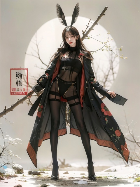  1girl,solo,black hair,long hair,jewelry,bangs,looking at viewer,blunt bangs,grey eyes,branch,upper body,flower,lips,straight hair,closed mouth,black background,redlips,beads,moyou,eluosi,光影对比,阳光照在脸上,super long legs,skinny,pantyhose, sssr, white thighhighs,