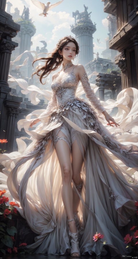  Queen, holding a long sword, a perfect long sword, a straight sword, Full body display, leaning against the ruins, with a floating skeleton in the background. The Queen's expression is enchanting, her posture is seductive, her hand is holding her face, and there is a flicker of evil energy runes in the background, blood mist filled, and soft light. My feet are covered in bones. Skeletons, many skeletons. Black stockings. Official art, unit 8 k wallpaper, ultra detailed, beautiful and aesthetic, masterpiece, best quality, extremely detailed, dynamic angle, paper skin, radius, iuminosity, cowboyshot, the most beautiful form of Chaos, elegant, a brutalist designed, visual colors, romanticism, by James Jean, roby dwi antono, cross tran, francis bacon, Michael mraz, Adrian ghenie, Petra cortright, Gerhard richter, Takato yamamoto, ashley wood, atmospheric, ecstasy of musical notes, streaming musical notes visible, flowers in full bloom, many bird of parade, deep forests, sunlight, atmosphere, rich details, full body lens, shot from above, shot from below, detail background, beautiful sky, floating hair, perfect face, exquisite facial features, high detail, smile, Fisheye lens, dynamic angle, dynamic posture, FeiNiao, sparkling dress