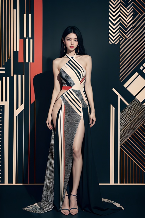  sd_mai, Geometric design style,1girl, solo, black hair, jewelry, earrings, long hair, dress, full body, standing, looking at viewer, high heels