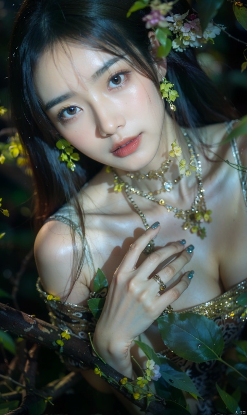  1girl,stars in the eyes,pure girl,(full body:0.5),There are many scattered luminous petals,Hidden in the light yellow flowers,Many flying drops of water,Many scattered leaves,branch,angle,contour deepening,cinematic angle,