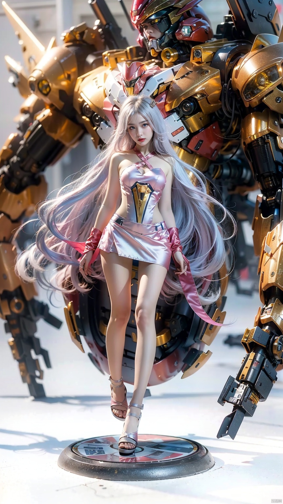 Best quality,masterpiece,ultra high res,(photorealistic:1.4),raw photo,(a 18-year-old girl),in the dark,deep shadow,low key,cold light,blush,(thigh gap:1.3),Professional studio,integratedshortskirt,pantyhose,red pantyhose, Pink Mecha