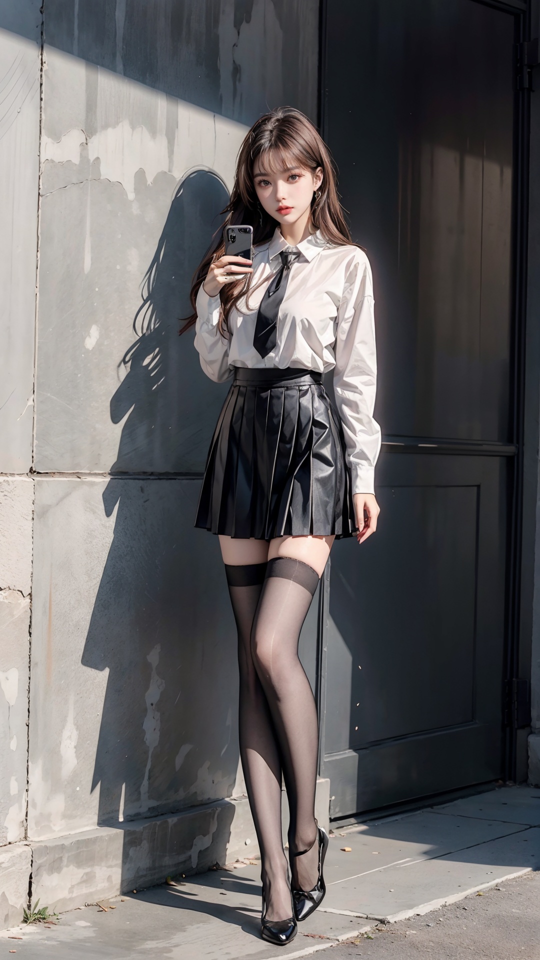 full body,long_hair, skirt, black_legwear, thighhighs, black_hair, standing, holding, holding_animal, shirt, holding_phone, white_shirt, shoes, wall, black_skirt, black_footwear, tile_wall, multiple_girls, pleated_skirt, 2girls, cellphone, phone, against_wall,black necktie,