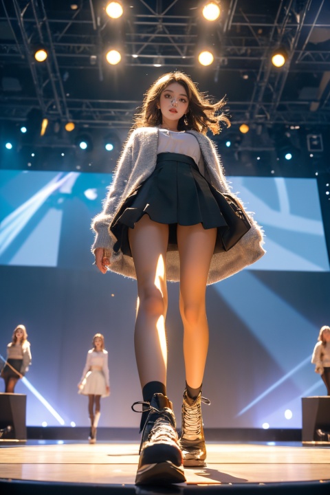  masterpiece,best quality,ultra-detailed,1girl,from below,full body,Fisheyelens,walking,solo,,Super long legs, standing, Professional studio, integrated short skirt,,pantyhose,sssr,Fashion fashion show, spotlight, stage