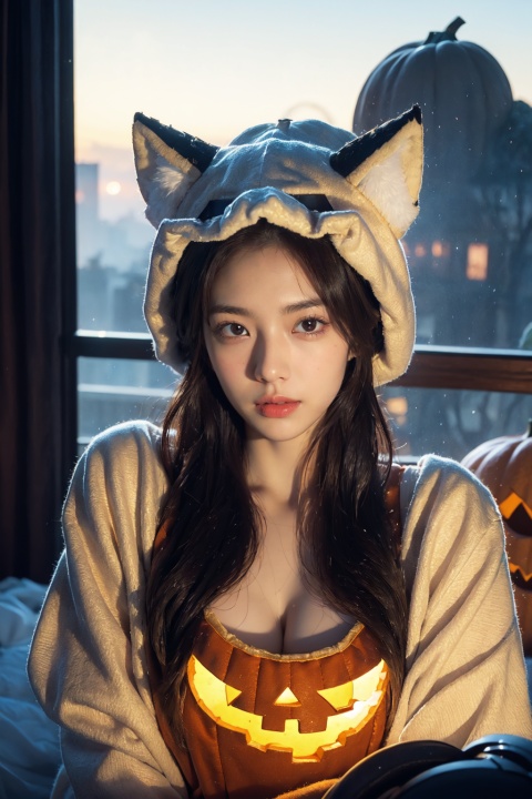  ((masterpiece)), ((best quality)), 8k, high detailed, ultra-detailed,(1girl),wearing a wolf costume, (solo), (headgear), (pumpkin hat), (costume), (headgear), (pumpkin hat), (details), (natural lighting), high detailed, ultra-detailed., xmv-hd, wsj-hd