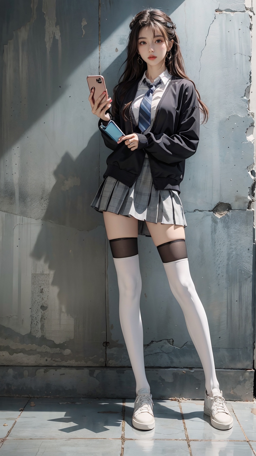 full body,long_hair, skirt, black_legwear, thighhighs, black_hair, standing, holding, holding_animal, shirt, holding_phone, white_shirt, shoes, wall, black_skirt, black_footwear, tile_wall, multiple_girls, pleated_skirt, 2girls, cellphone, phone, against_wall,black necktie,