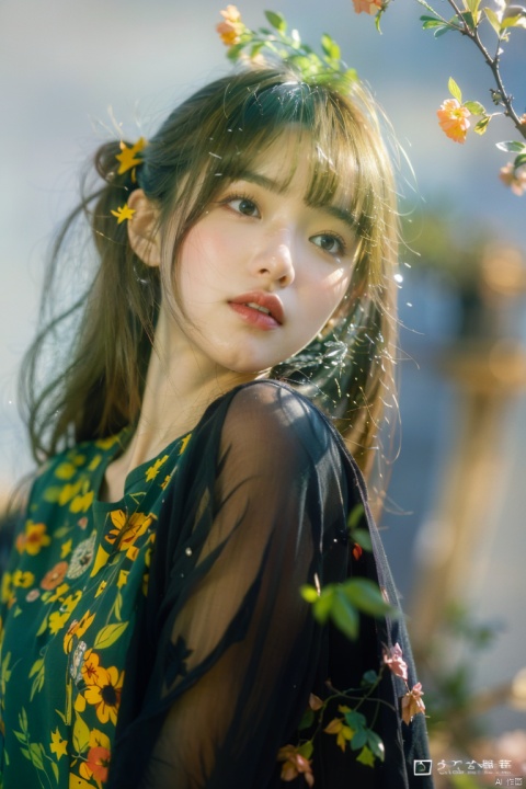  1girl,stars in the eyes,pure girl,(full body:0.5),There are many scattered luminous petals,Hidden in the light yellow flowers,Many flying drops of water,Many scattered leaves,branch,angle,contour deepening,cinematic angle,