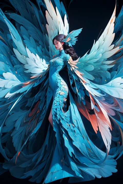  (Fractal art:1.4), (white and blue theme: 1.1),1girl,long hair,chinese style,long dress,huge wings ,(huge wings:1.3)looking_at_viewer,flowers,fantasy